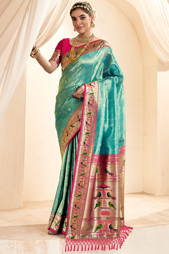 Hippie Blue Paithani Tissue Silk Saree