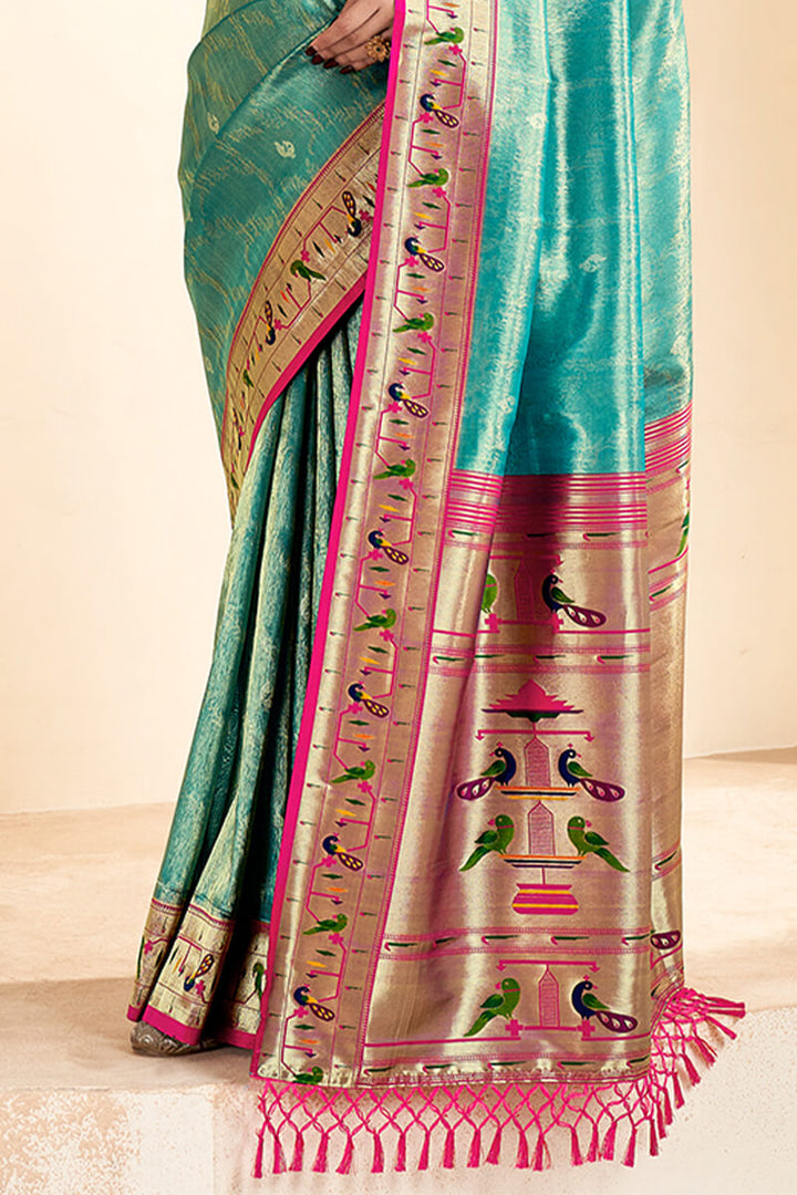 Hippie Blue Paithani Tissue Silk Saree