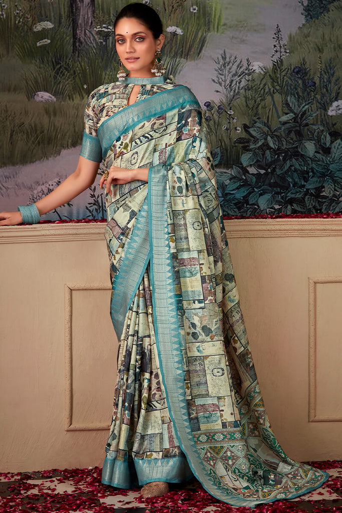 Hippie Blue Printed Tussar Silk Saree