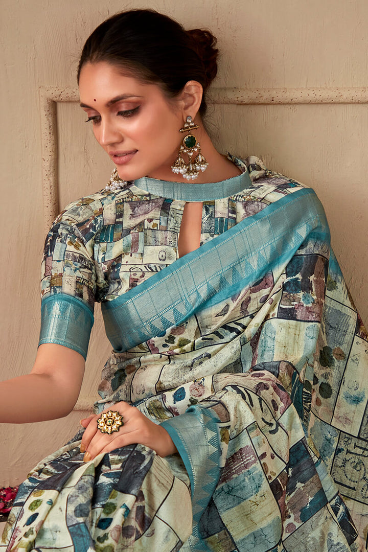 Hippie Blue Printed Tussar Silk Saree