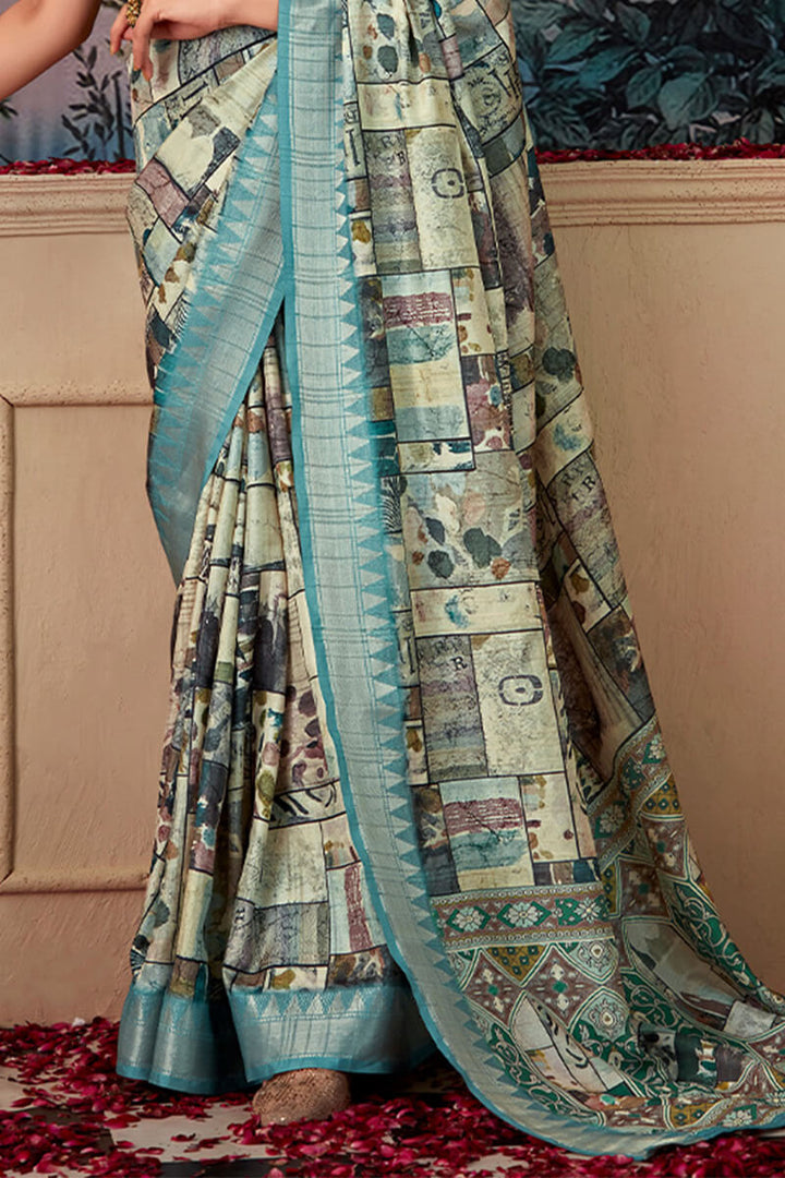 Hippie Blue Printed Tussar Silk Saree