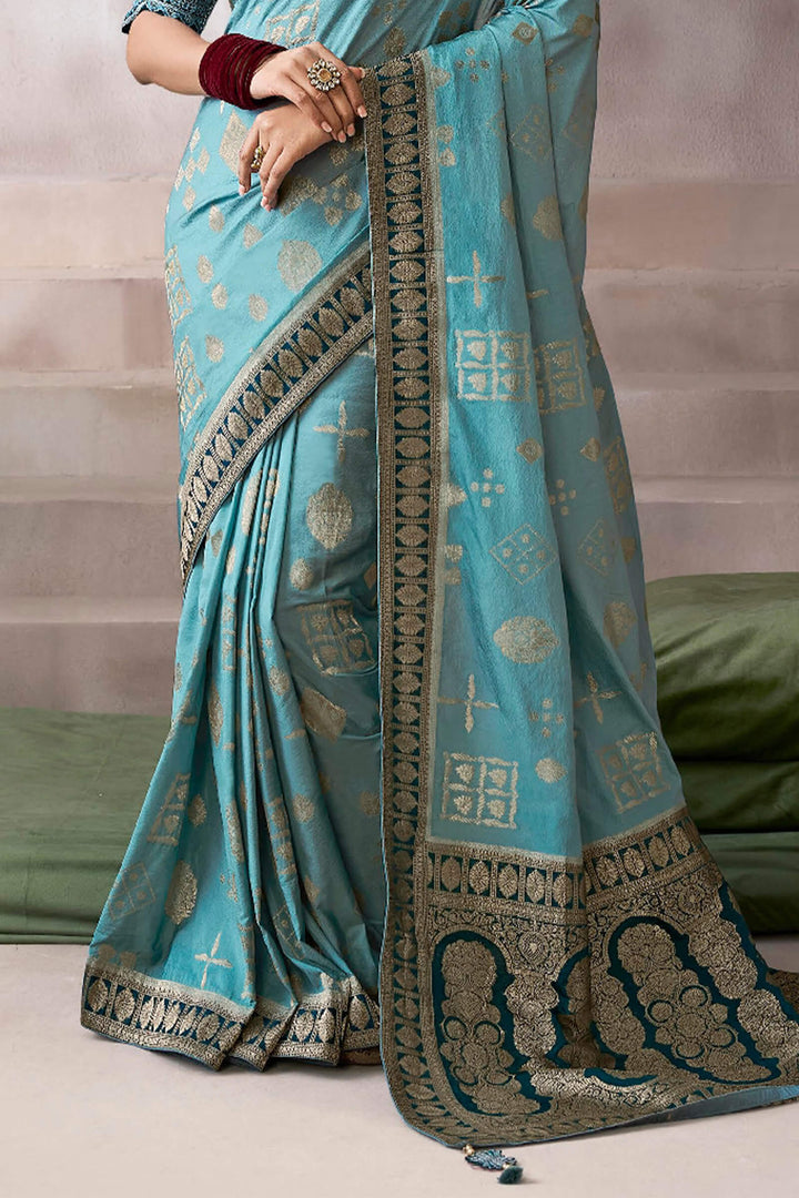 Hippie Blue Zari Woven Pure Crape Silk Saree with Designer Blouse Piece