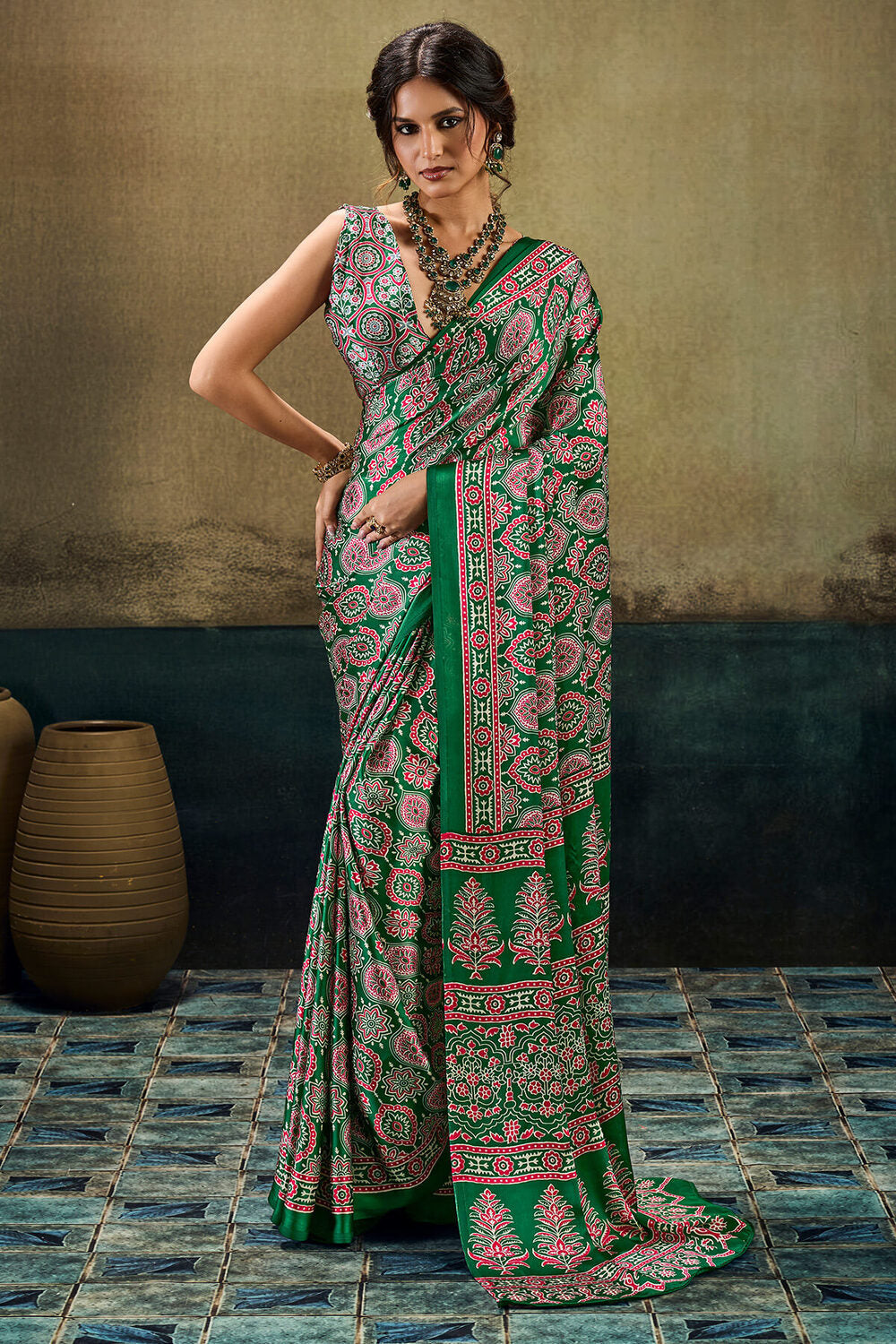 Hippie Green Ajrakh Printed Semi Modal Satin Silk Saree