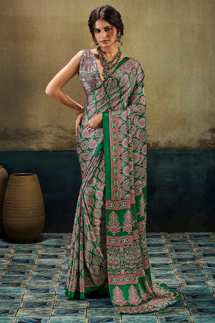 Hippie Green Ajrakh Printed Semi Modal Satin Silk Saree