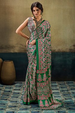 Hippie Green Ajrakh Printed Semi Modal Satin Silk Saree