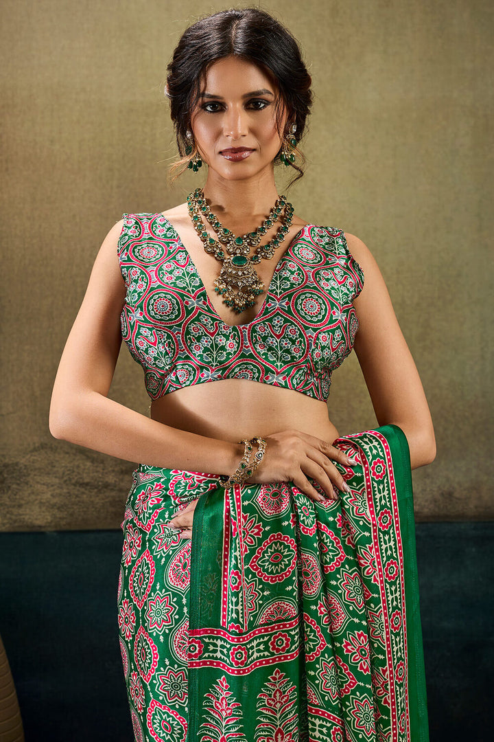 Hippie Green Ajrakh Printed Semi Modal Satin Silk Saree