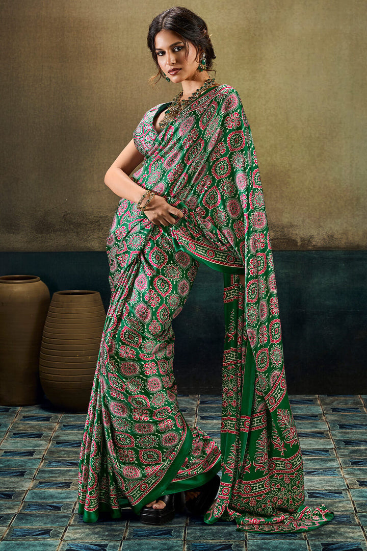 Hippie Green Ajrakh Printed Semi Modal Satin Silk Saree