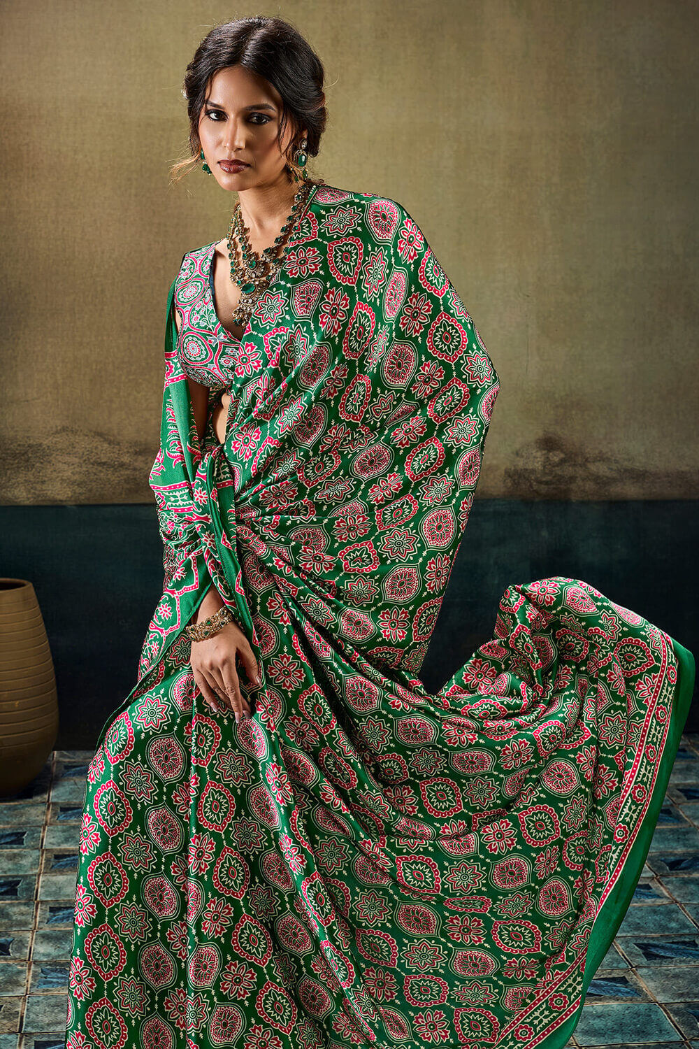 Hippie Green Ajrakh Printed Semi Modal Satin Silk Saree