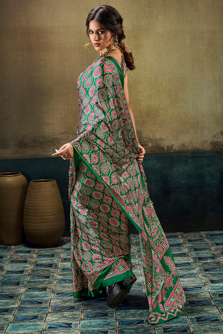 Hippie Green Ajrakh Printed Semi Modal Satin Silk Saree