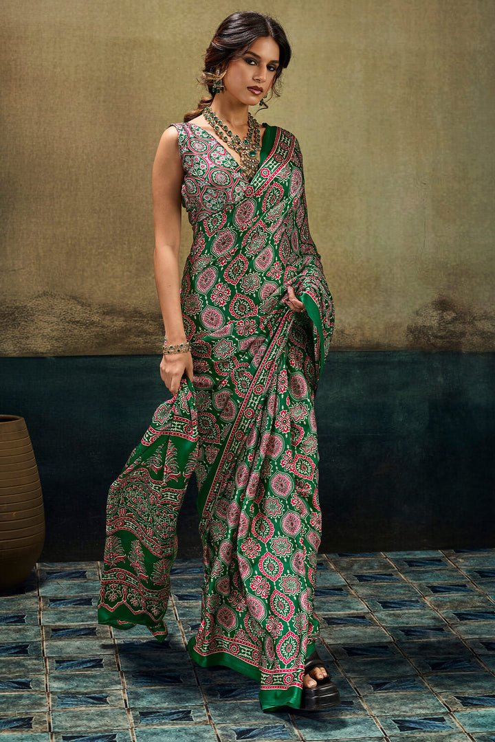 Hippie Green Ajrakh Printed Semi Modal Satin Silk Saree
