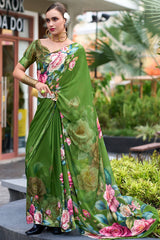 Hippie Green Printed Georgette Silk Saree