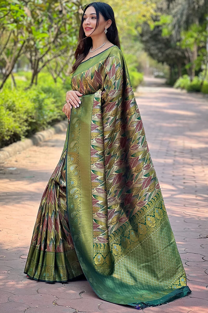 Hippie Green Zari Woven Kanjivaram Silk Saree