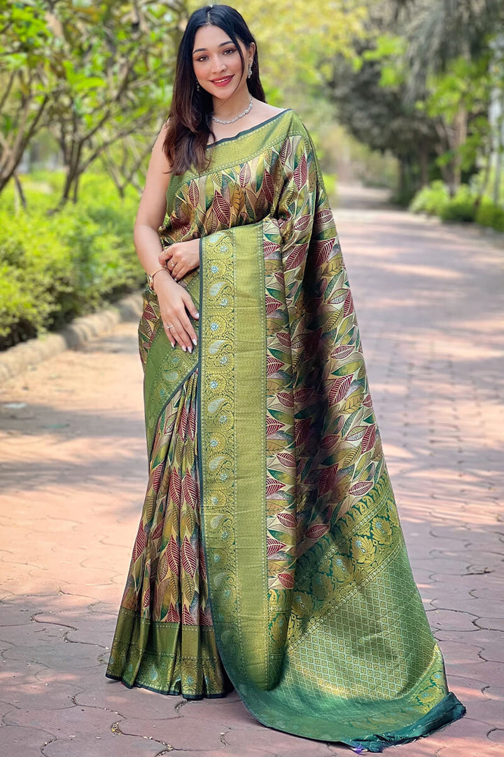 Hippie Green Zari Woven Kanjivaram Silk Saree