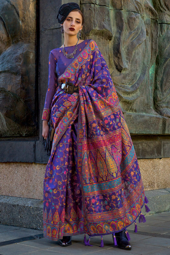 Honey Flower Blue Kashmiri Weaving Organza Silk Saree