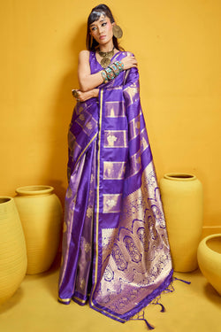 Honey Flower Purple Banarasi Satin Silk Saree