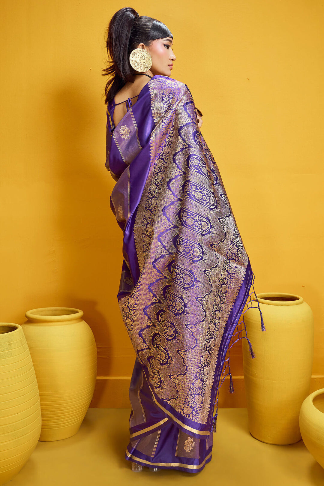 Honey Flower Purple Banarasi Satin Silk Saree
