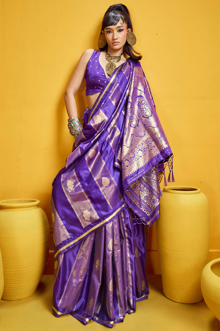 Honey Flower Purple Banarasi Satin Silk Saree