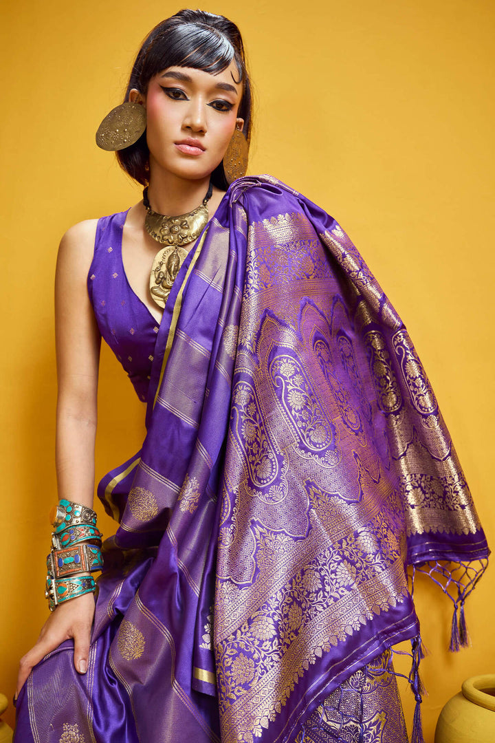 Honey Flower Purple Banarasi Satin Silk Saree