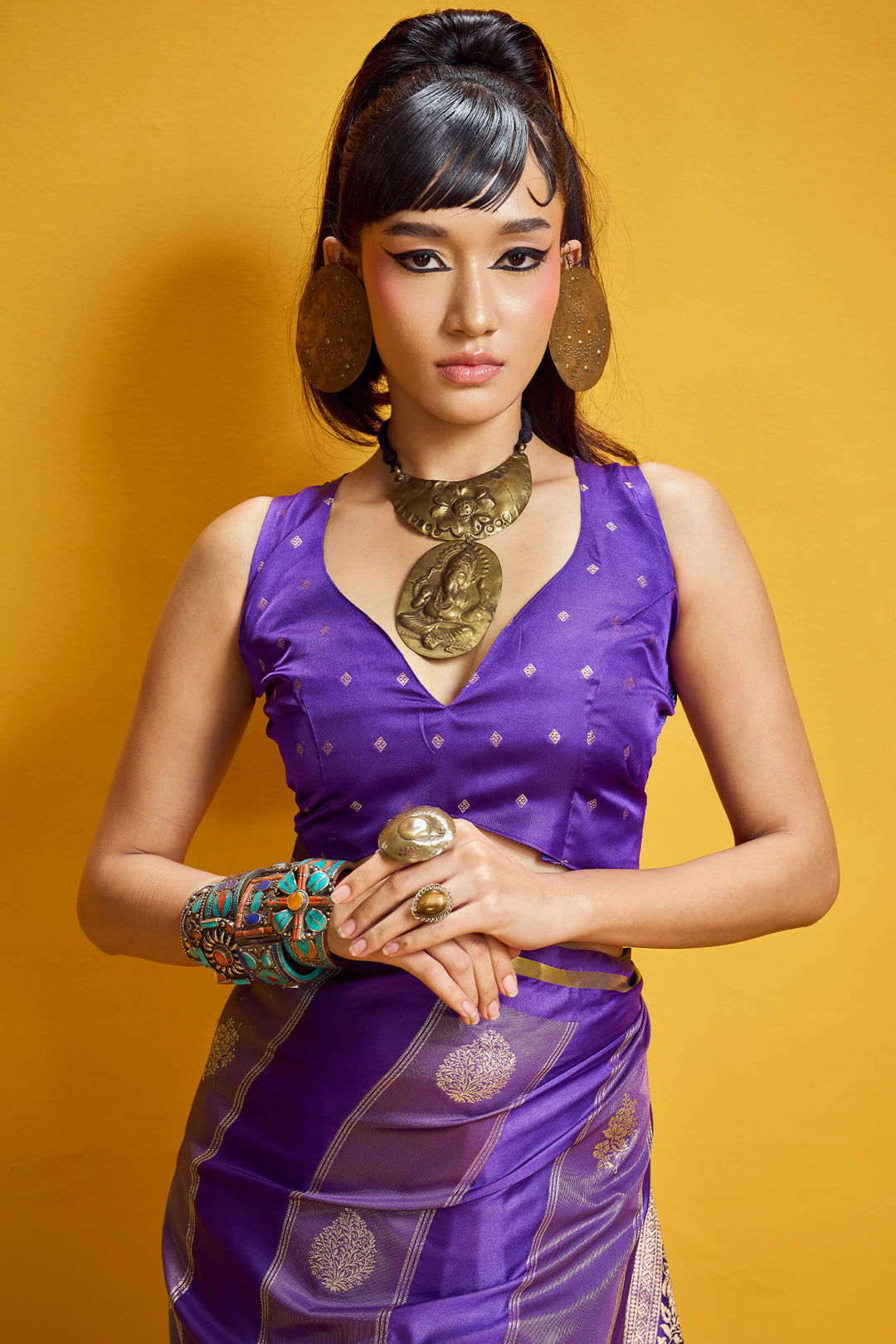 Honey Flower Purple Banarasi Satin Silk Saree