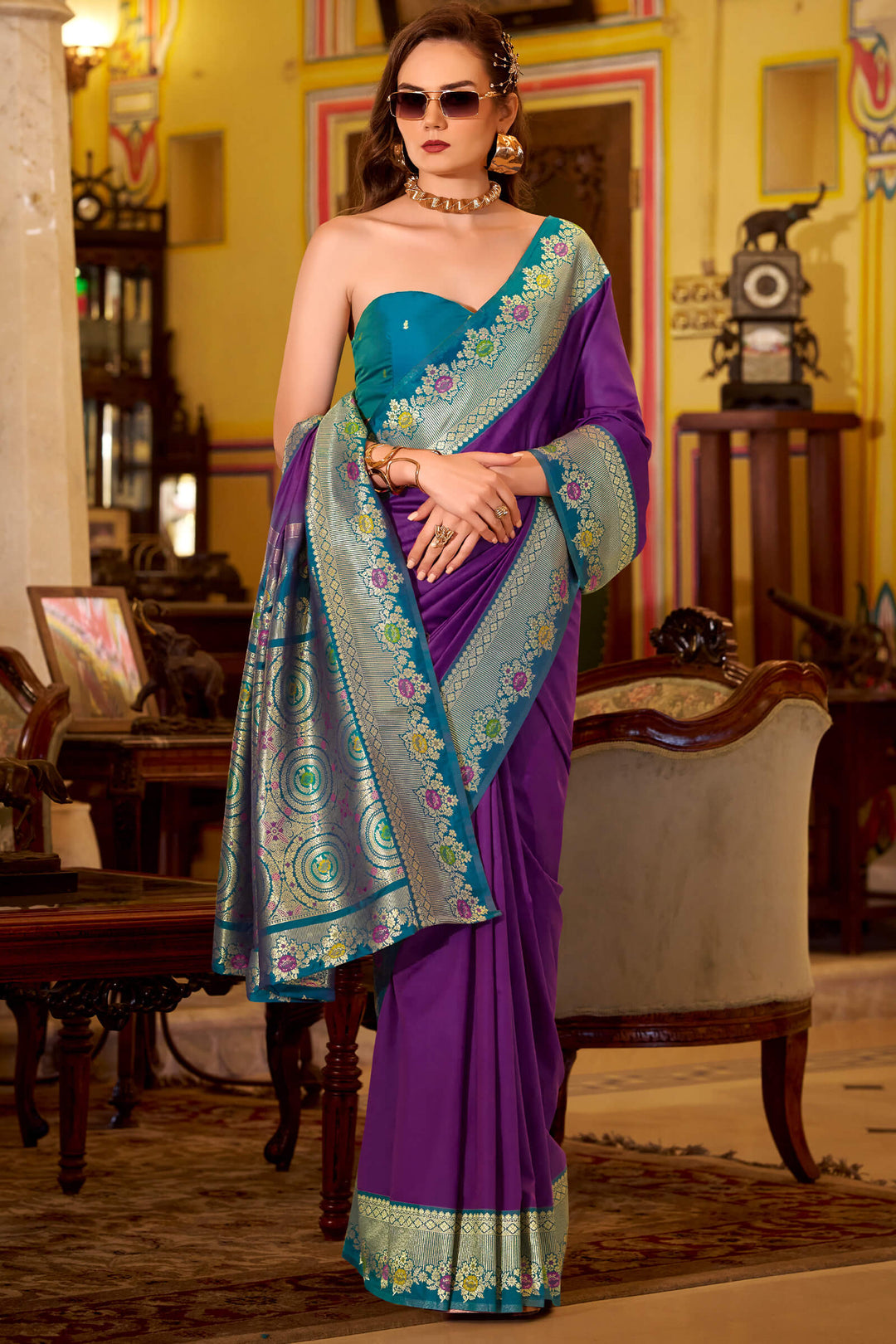 Honey Flower Purple Banarasi Soft Silk Saree