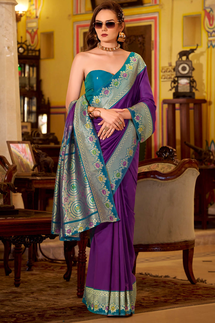 Honey Flower Purple Banarasi Soft Silk Saree