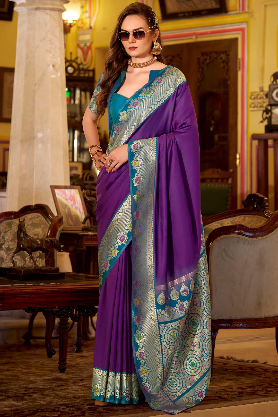 Honey Flower Purple Banarasi Soft Silk Saree