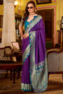 Honey Flower Purple Banarasi Soft Silk Saree