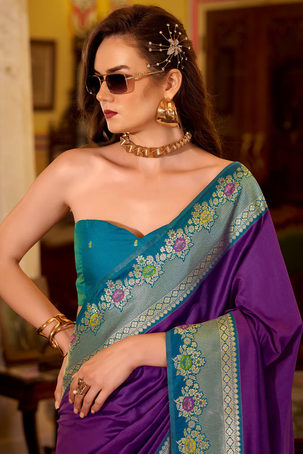 Honey Flower Purple Banarasi Soft Silk Saree