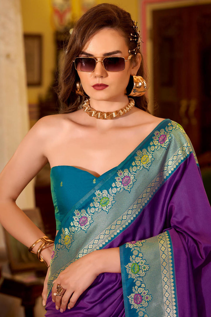 Honey Flower Purple Banarasi Soft Silk Saree