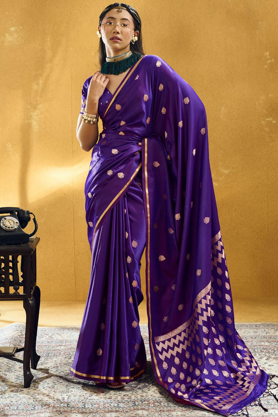 Honey Flower Purple Zari Woven Banarasi Satin silk saree