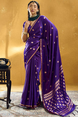 Honey Flower Purple Zari Woven Banarasi Satin silk saree