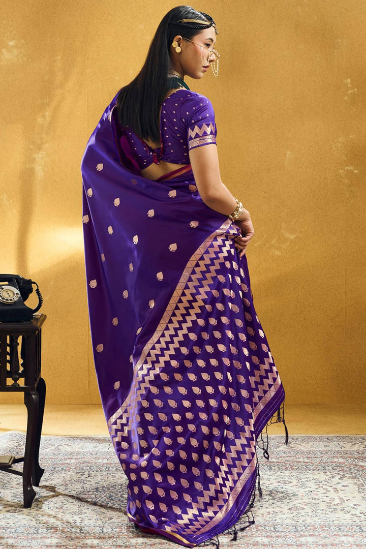 Honey Flower Purple Zari Woven Banarasi Satin silk saree