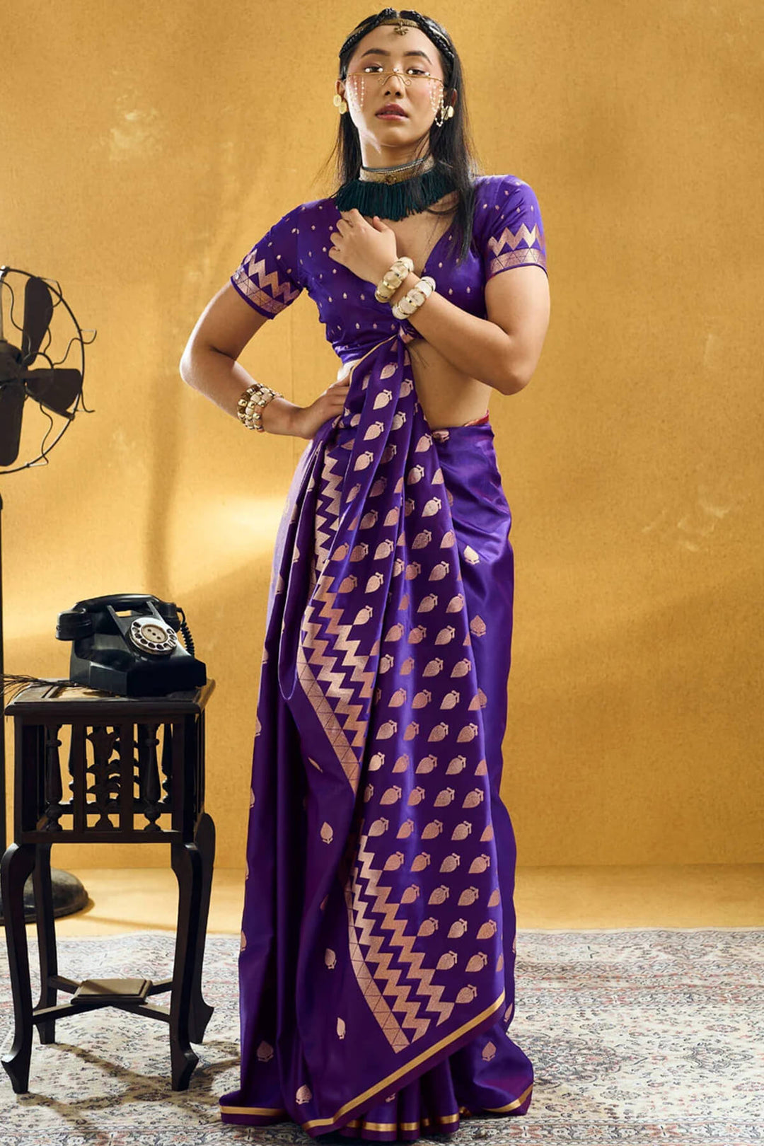 Honey Flower Purple Zari Woven Banarasi Satin silk saree