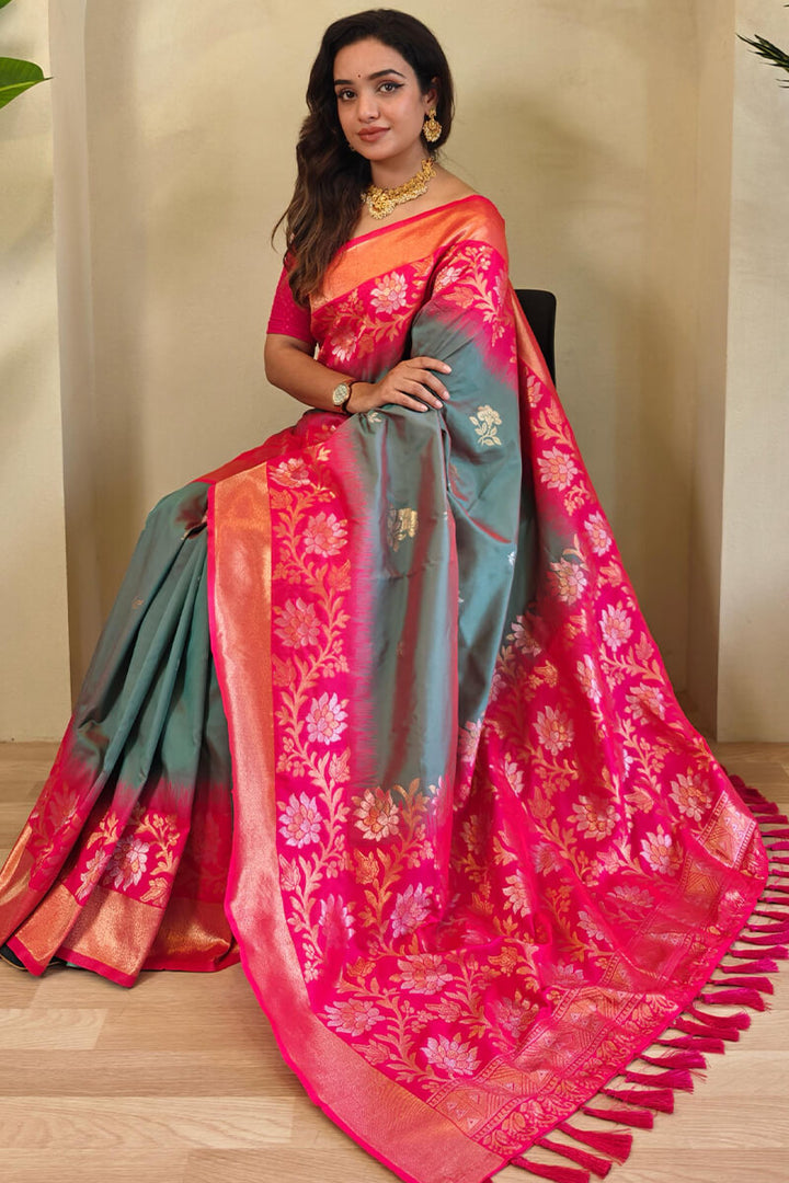 Horizon Grey Banarasi Silk Saree with Designer Chaap Border