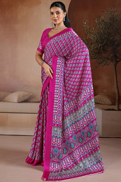 Hot Magenta Ajrakh Printed Satin Crepe Silk Saree