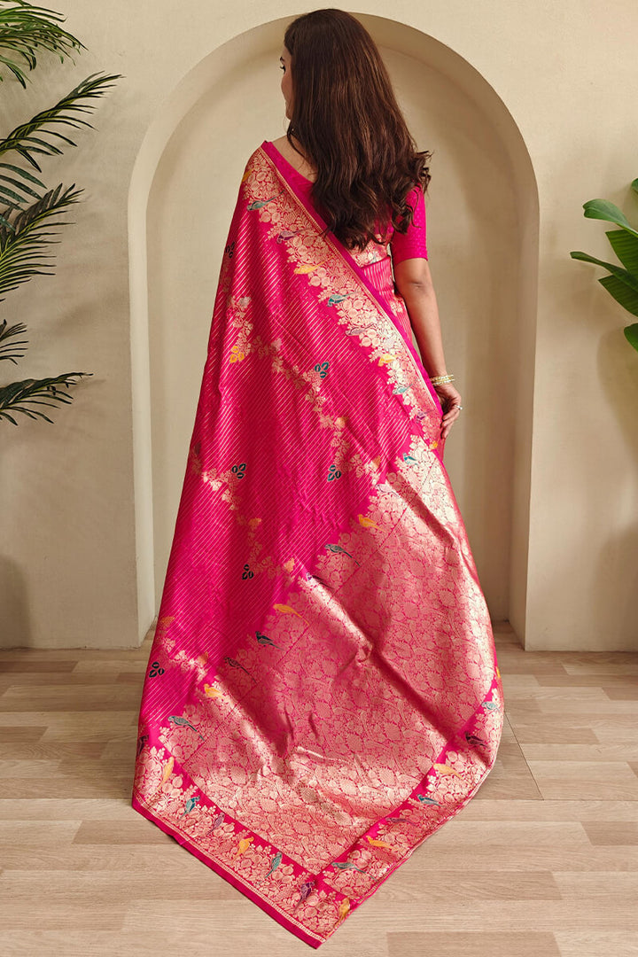 Hot Magenta Zari Wiven Banarasi Satin Silk Saree