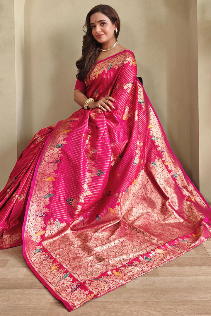 Hot Magenta Zari Wiven Banarasi Satin Silk Saree