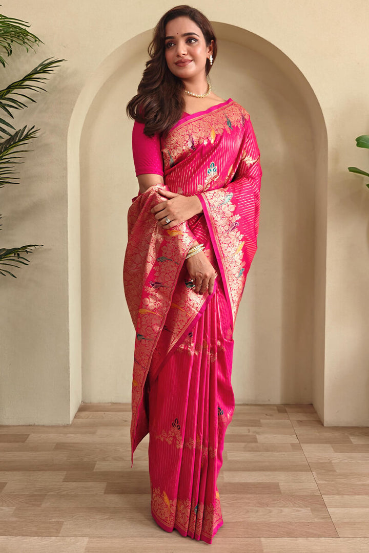 Hot Magenta Zari Wiven Banarasi Satin Silk Saree