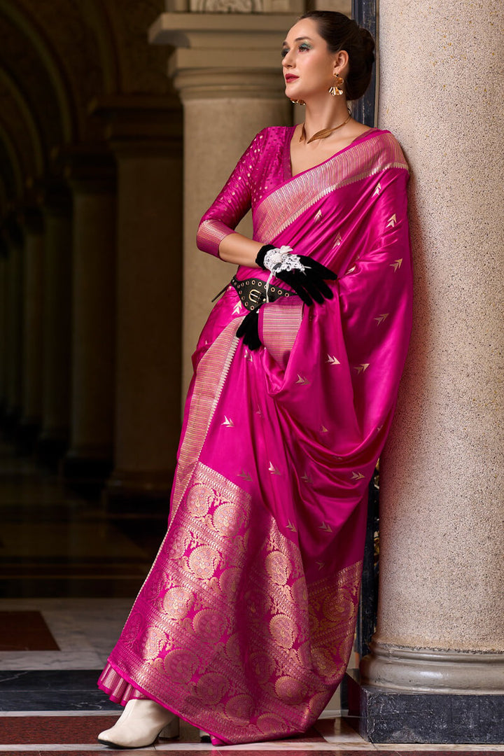 Hot Magenta Zari Woven Banarasi Satin Silk Saree