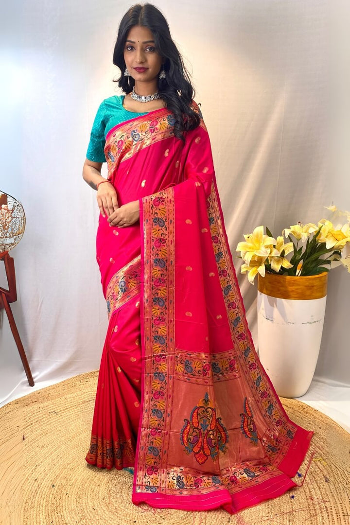 Hot Pink Zari Woven Paithani Silk Saree