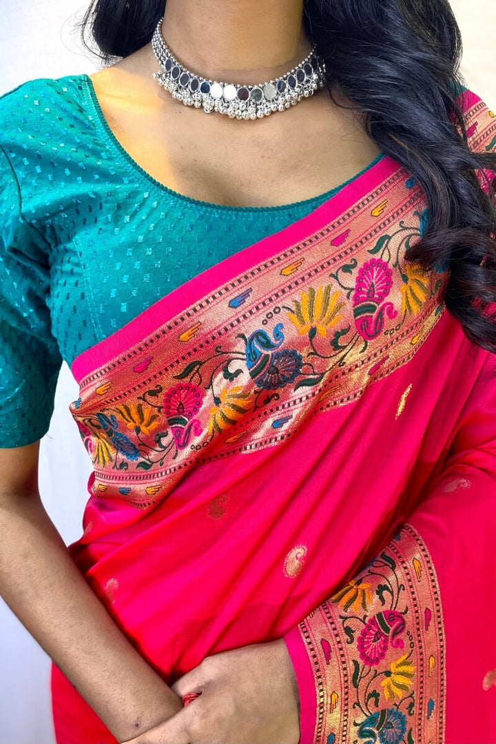 Hot Pink Zari Woven Paithani Silk Saree