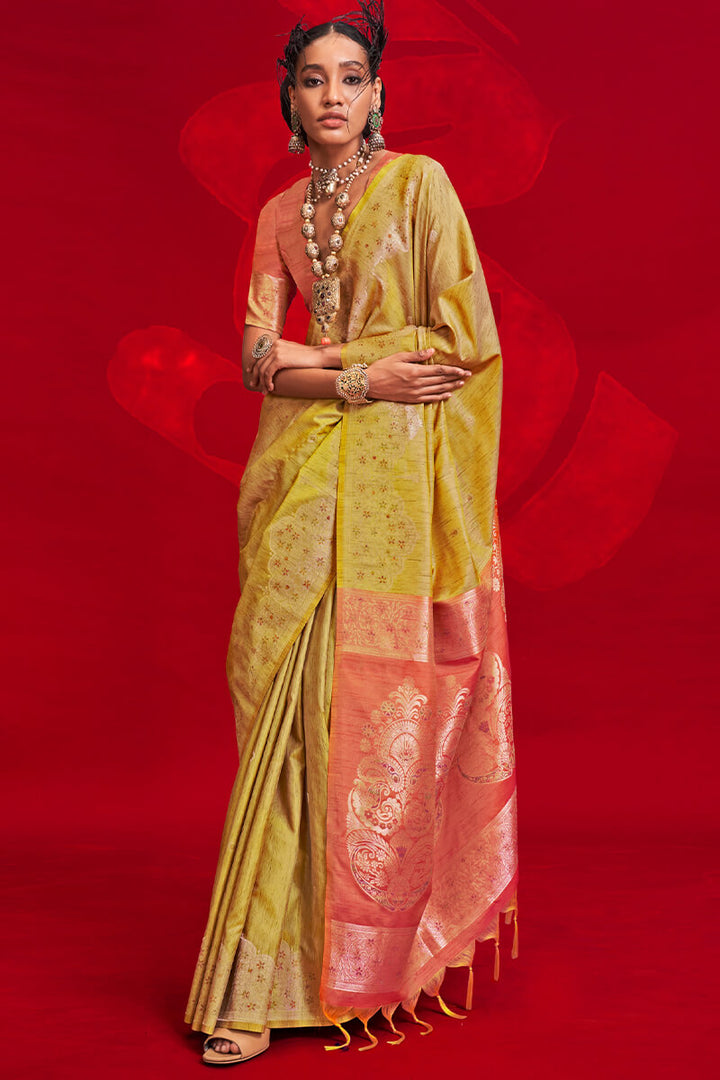 Husk Yellow Banarasi Tussar Silk Saree