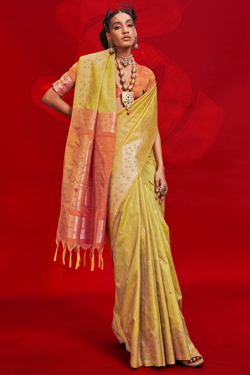 Husk Yellow Banarasi Tussar Silk Saree