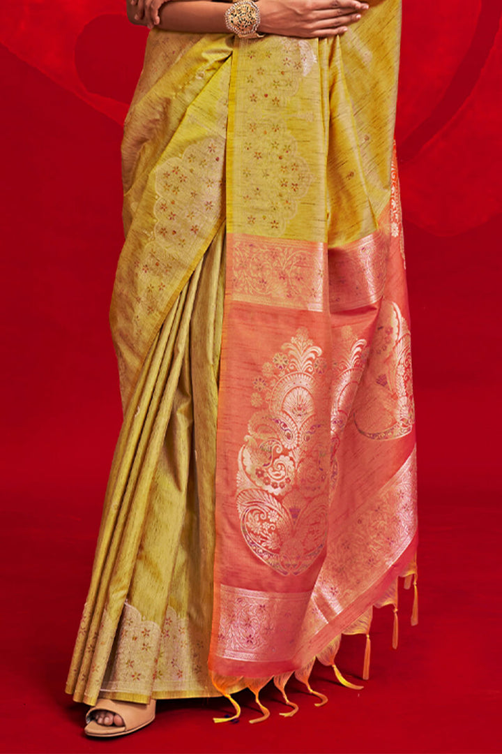 Husk Yellow Banarasi Tussar Silk Saree