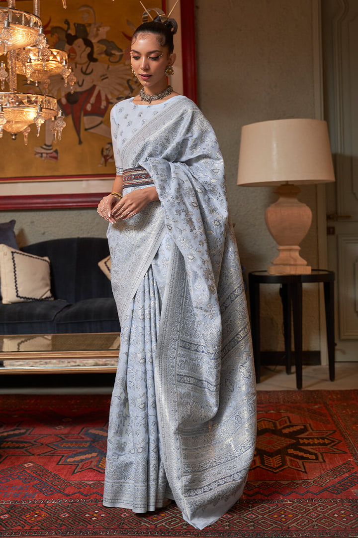 Ice Blue Kashmiri Modal Silk Saree