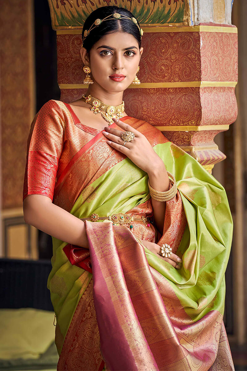 Pink and Green Pure Handloom Katan Silk Banarasi Saree - Humnafs