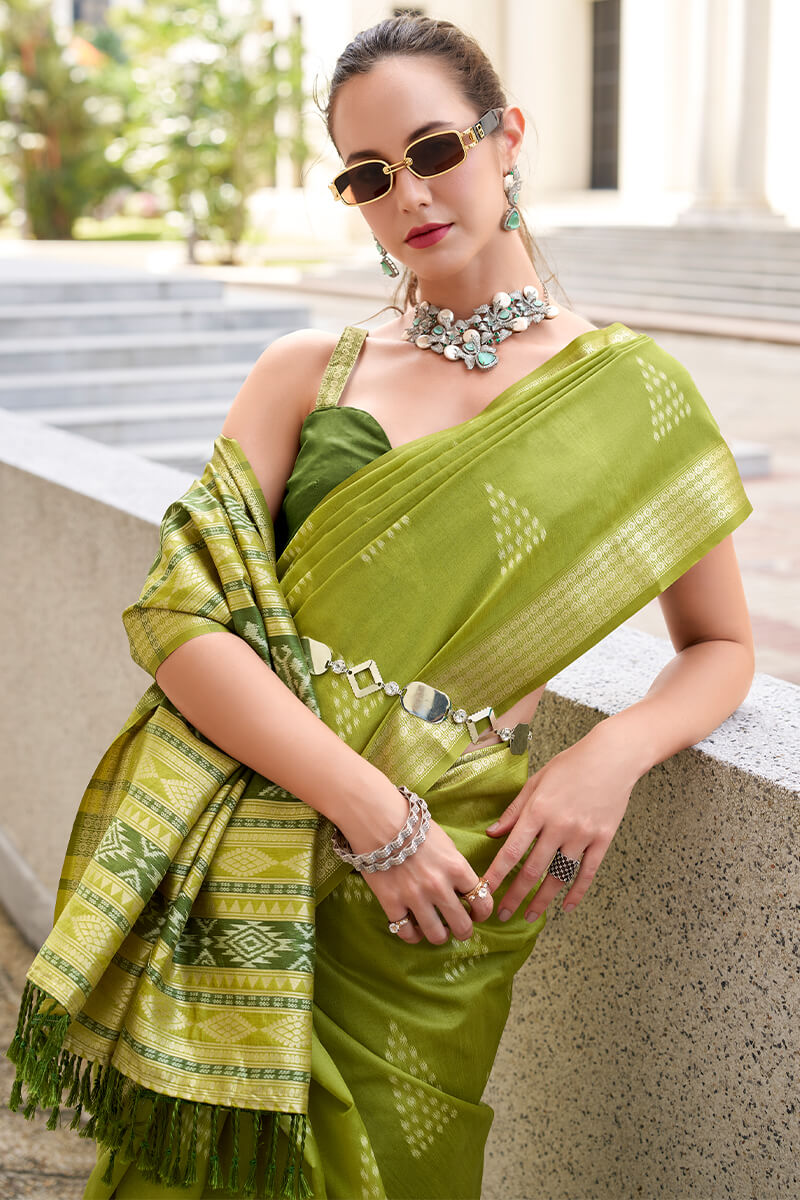 Icky Green Banarasi Soft Silk Saree