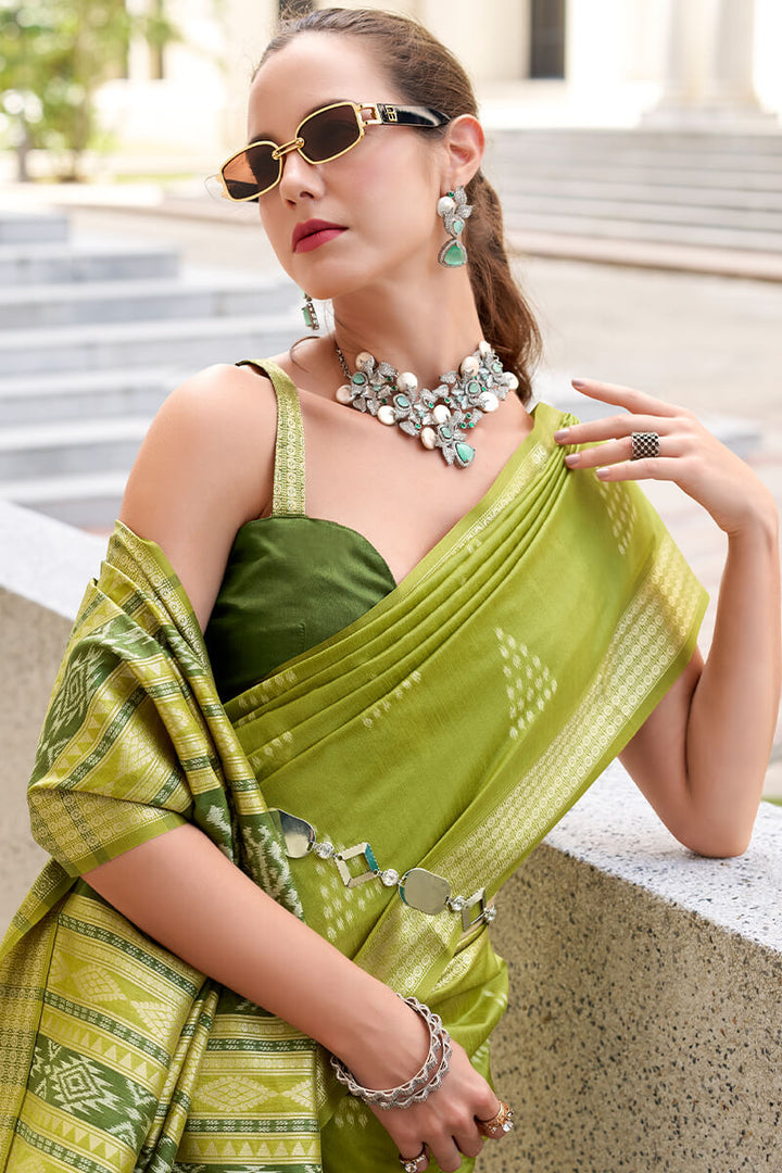 Icky Green Banarasi Soft Silk Saree