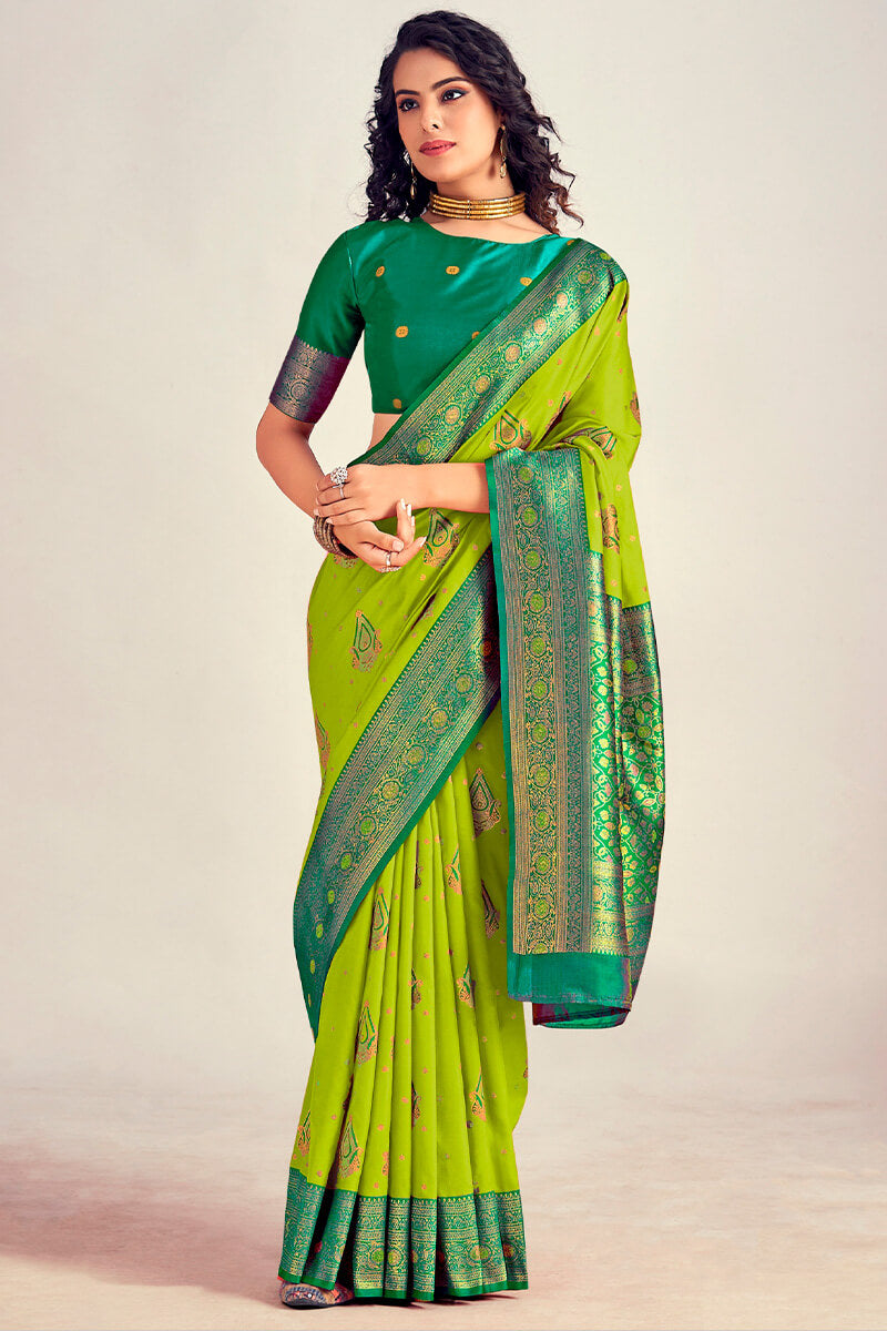 Icky Green Soft Banarasi Silk Saree