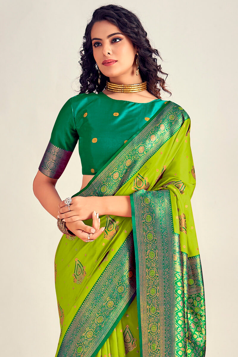 Icky Green Soft Banarasi Silk Saree